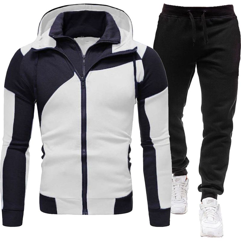 New Men's Suit Personalized Color Blocked Double-layer Zipper Hooded Cardigan Slim Fit Sweatshirt Sweatpants_voghion.com