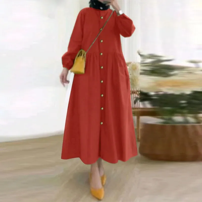 Women's Autumn Mid Calf Dress Vintage O Neck Long Sleeve Solid Loose Muslim Sundress Moroccan_voghion.com