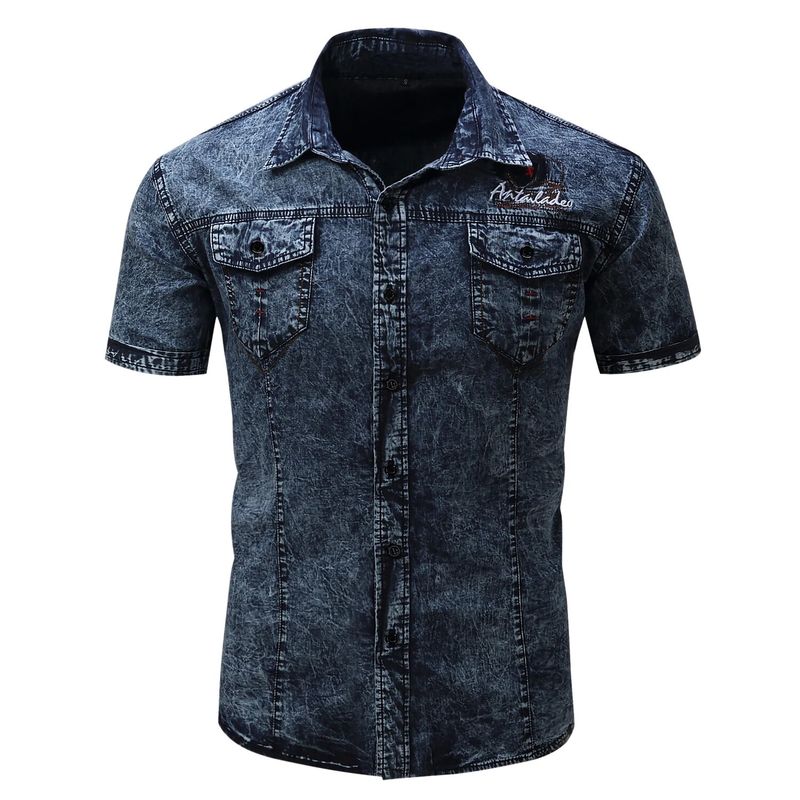 100% Cotton 2024 Summer New Fashion Men's Denim Shirt Short Sleeve Hip Hop Vintage Streetwear Casual Pockets Work Shirts_voghion.com