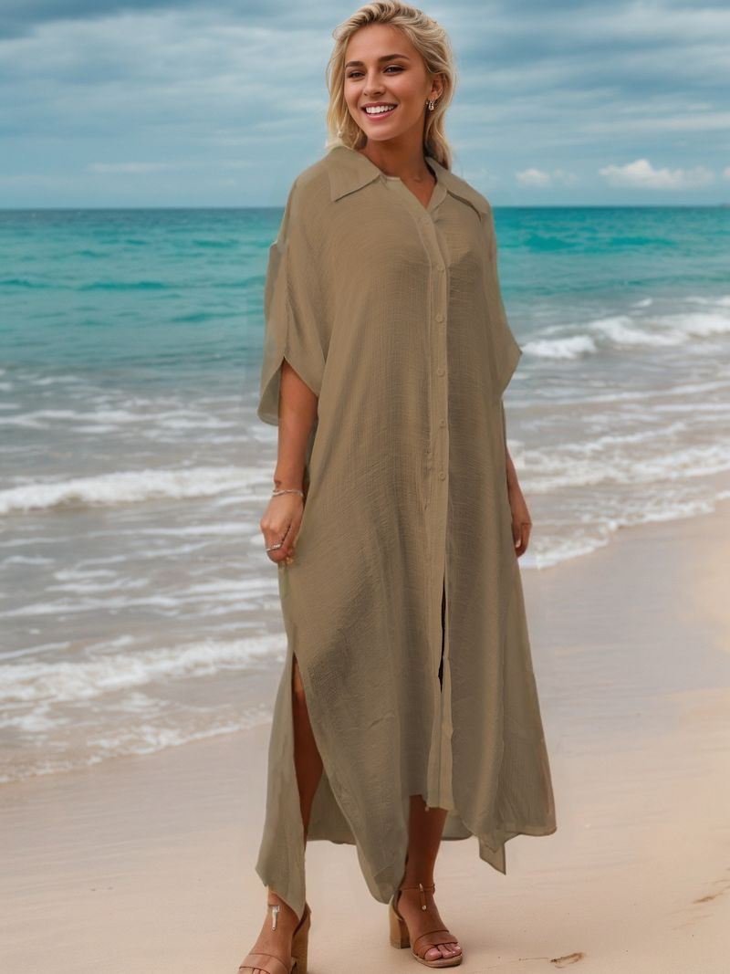 Women's Long Sleeve Beach Cover Up Dress - Bamboo Cotton Sun Protection Shirt Dress, Bikini Kimono, Loose Fit Casual Maxi Dress, 13 Colors_voghion.com