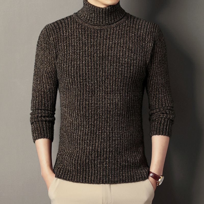 Maglione invernale da uomo in maglia spessa, elasticizzato, vestibilità slim, collo alto in velluto di visone, casual, stile coreano, orlo a coste_voghion.com