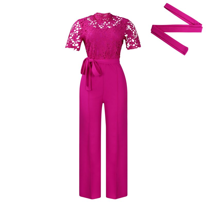 Women'ssexy Lace Hollow Short Sleeved Straps High Waist Wide Leg Foreign Trade Jumpsuit_voghion.com