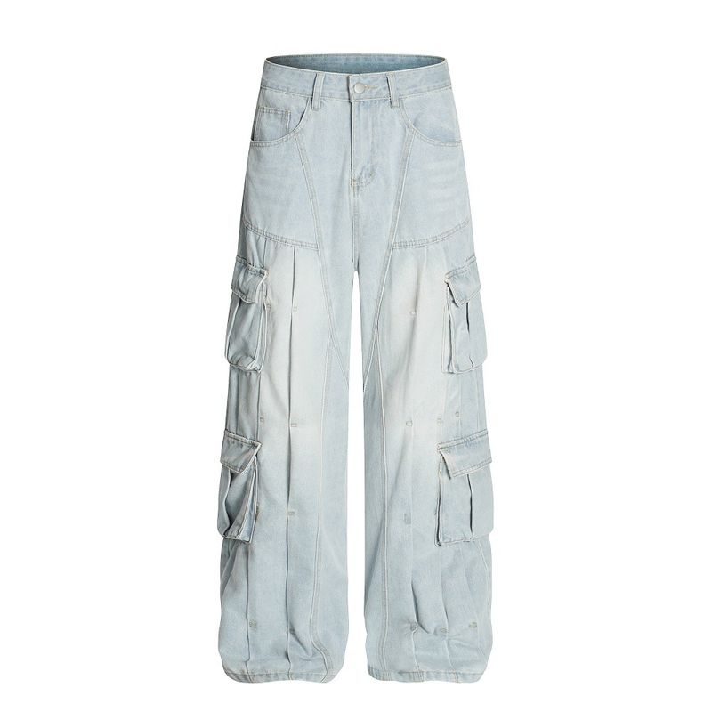 Herrenbekleidung Punk Washed Denim Multi Pocket Arbeitshose Design Sense Herrenbekleidung Vibe High Street Trend Nische Wide Leg Straight Pants_voghion.com