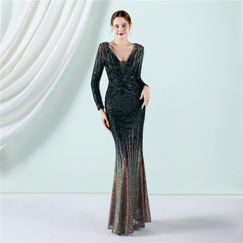 Women's clothing sequin long-sleeved evening dress 2022 spring and summer new fashion long sequined dress toasting suit_voghion.com