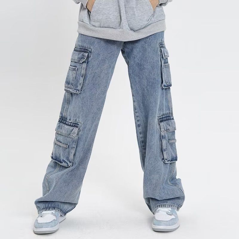 Men's Clothing Fashion Brand Workwear Men's Multi Pocket Heavyweight High Street Jeans Casual Pants Design Retro Spring And Autumn Pants Blue_voghion.com