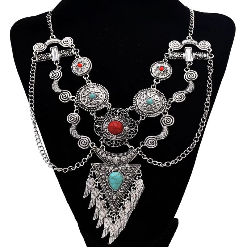 Fashionable Retro Ethnic Style Exaggerated Alloy Electroplating Bohemian Turquoise Wings Tassel Necklace_voghion.com