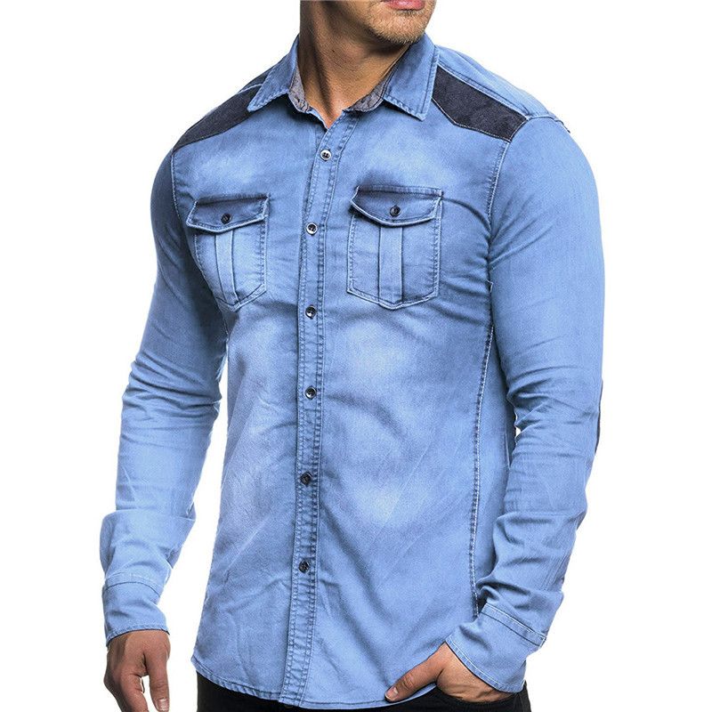 Men's Clothing denim shirt teenagers casual suede color-blocked washed denim long-sleeved slim shirt_voghion.com