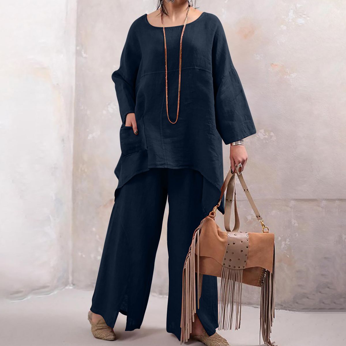 Ženska proljetna i jesenska nova modna dvodijelna odijela dugih rukava s okruglim izrezom velikih veličina za žene_voghion.com