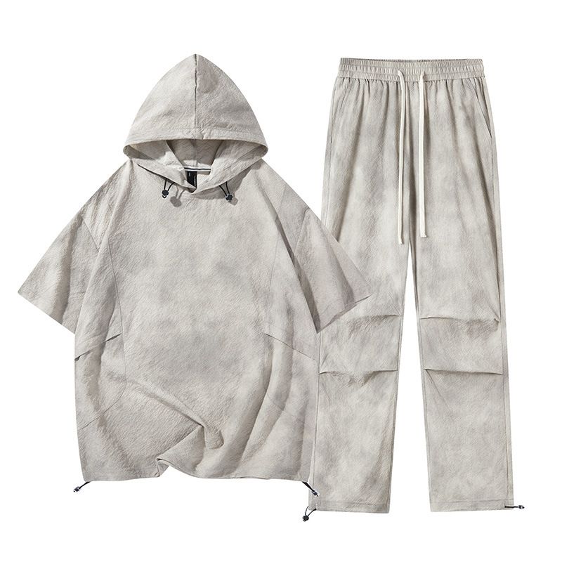 Unschlagbare Qualität Sommer Sport und Freizeit Dünne Lose Kurzarm Kapuze Trendy Lange Hosen Anzug T-Shirt Männer Halbarm_voghion.com