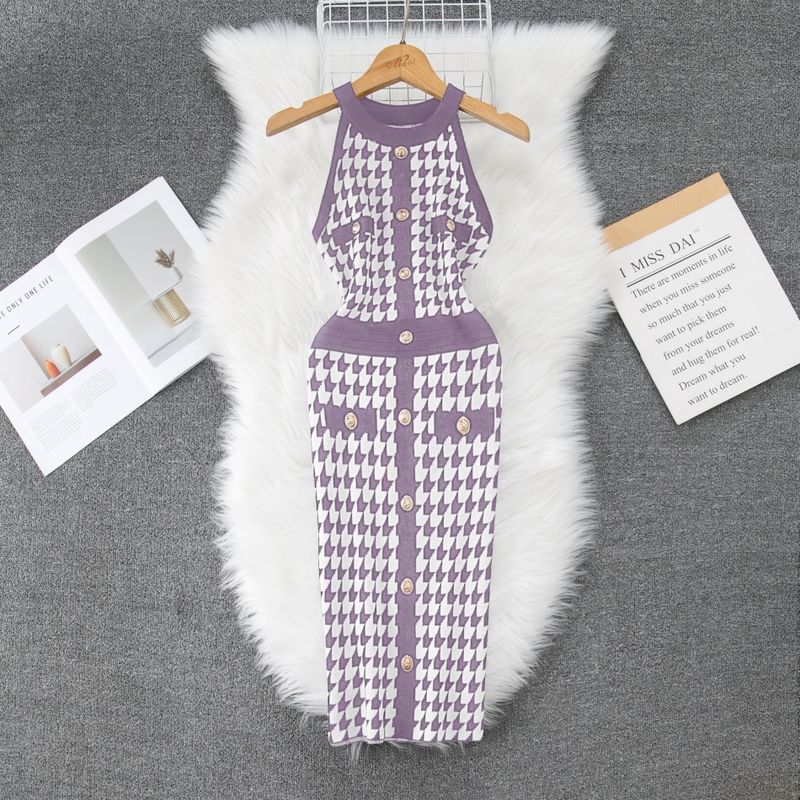 Women's Clothing Summer Halter Neck Dress Fashion Slim Single Breasted Houndstooth Hip Wrapped Knitted Skirt_voghion.com