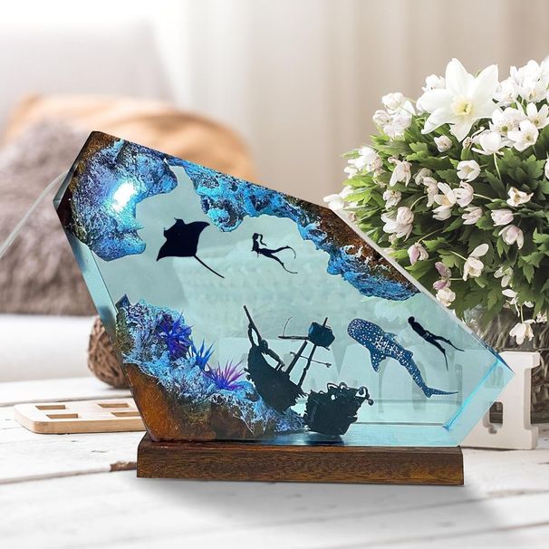 Ornamenti personalizzati in resina, lampada in legno con squalo balena, manta e coppia di subacquei, decorazione per la casa, regalo di Natale_voghion.com