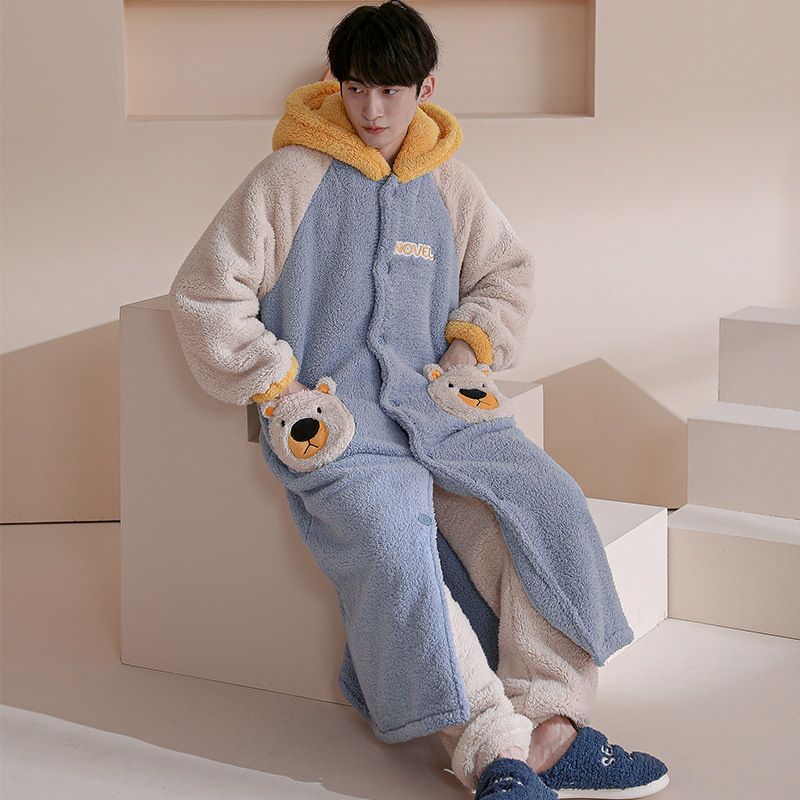 Men's autumn sleepwear, sleeved thick flannel nightgown, long pants set, winter coral fleece and velvet home clothes_voghion.com