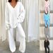 Roupas femininas confortáveis cor sólida decote em V casual diário casa quente terno de duas peças_voghion.com