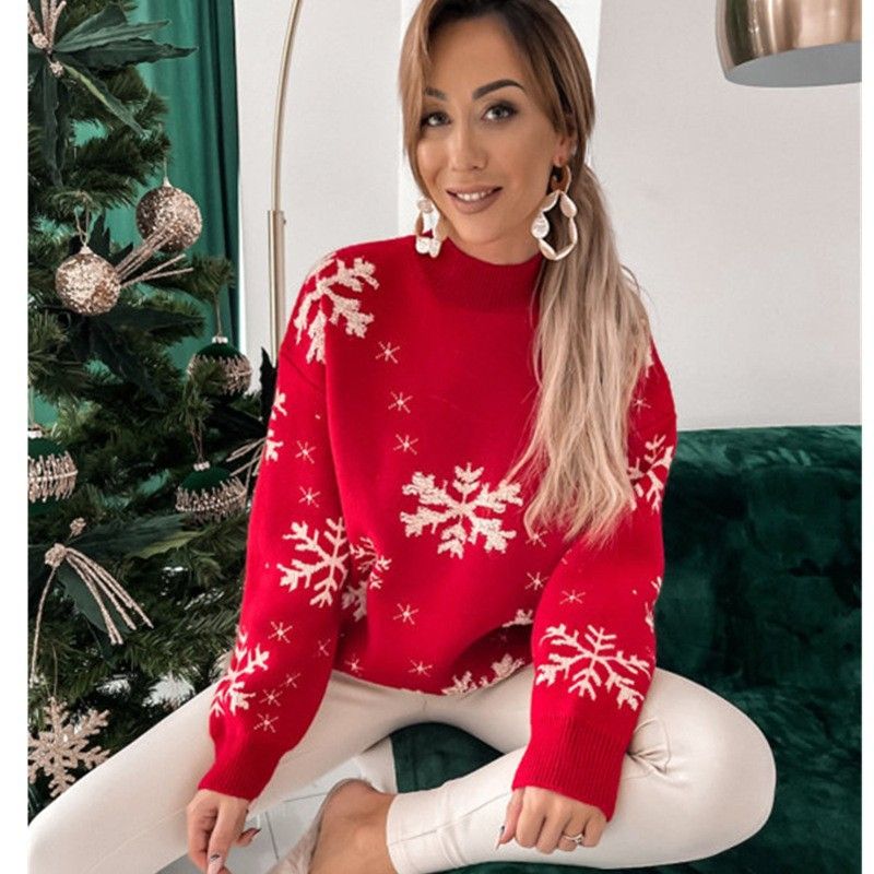 Damkläder tröja kvinnor snöflinga handduk broderi halv turtleneck långärmad dam tema jul tröja_voghion.com