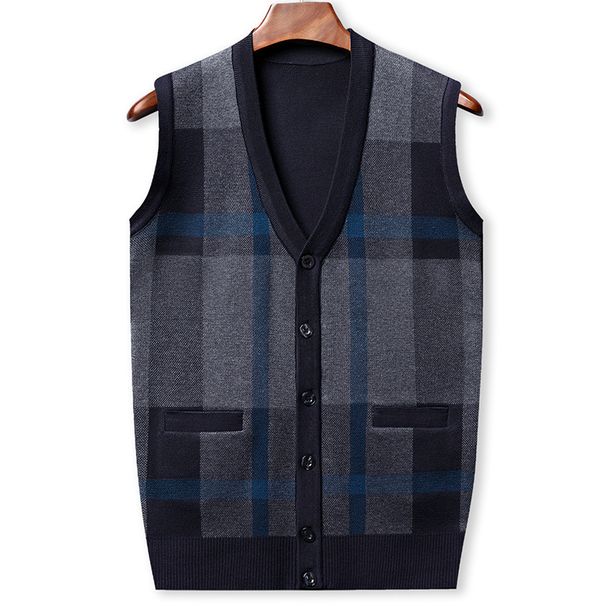 Strickweste im britischen Stil für Herren, ärmellose Strickjacke mit V-Ausschnitt und Taschen, Karo- und Farbblockdesign, lässiges Lagenstück für Herbst und Winter_voghion.com