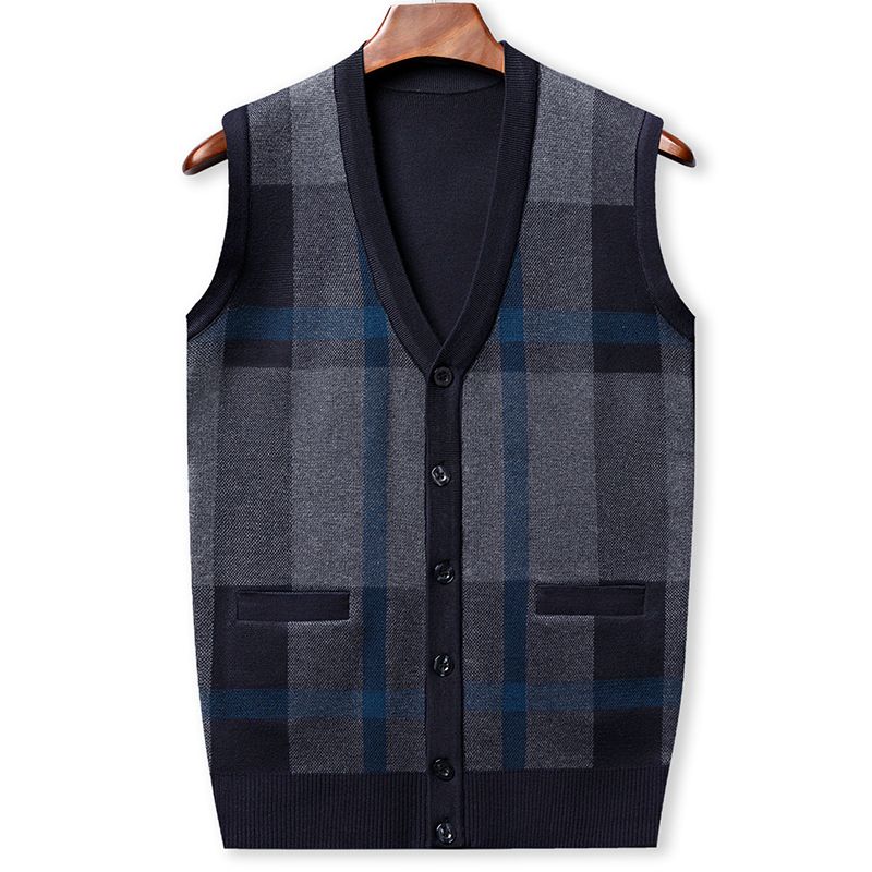 Cardigan senza maniche in maglia da uomo in stile britannico con scollo a V, tasche, design a quadri e blocchi di colore, capo casual da indossare a strati in autunno e inverno._voghion.com