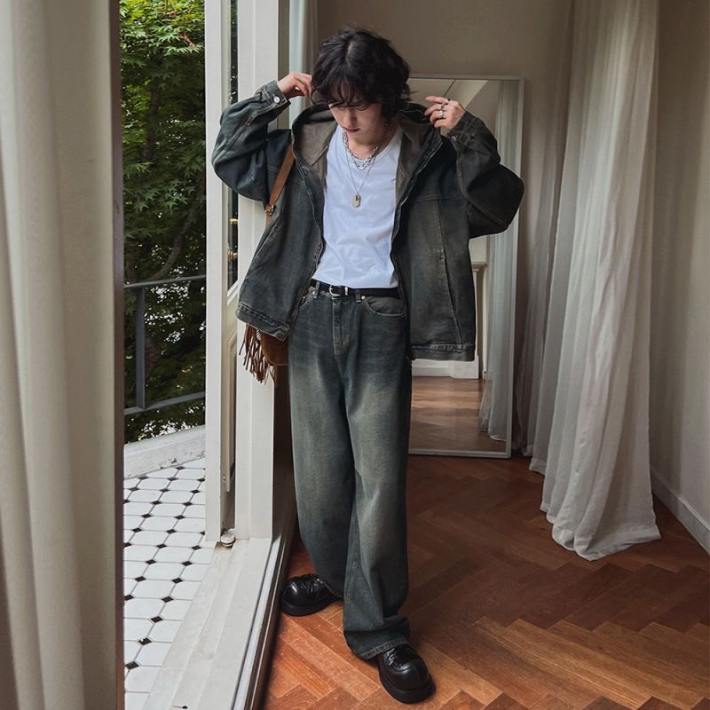 Herretøj Efterår Retro Distressed Denim Suit Løs Herrehættejakke Koreansk Stil Trendy Lige Jeans_voghion.com
