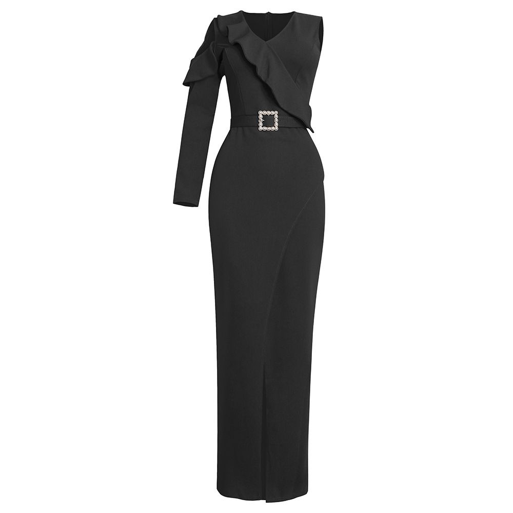 Abito monospalla asimmetrico da donna – Abito midi in poliestere elasticizzato per l'ufficio e le uscite (L-3XL, bordeaux/verde/nero/bluastro)_voghion.com