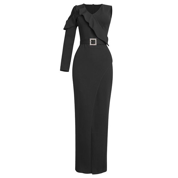 Abito monospalla asimmetrico da donna – Abito midi in poliestere elasticizzato per l'ufficio e le uscite (L-3XL, bordeaux/verde/nero/bluastro)_voghion.com