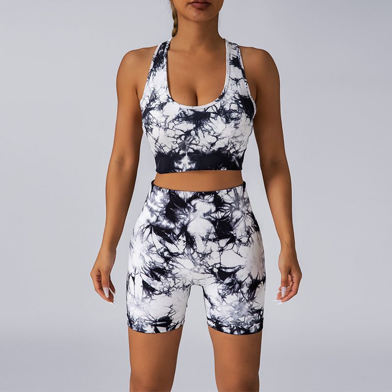 Tie-Dye Bezszwowe Podnoszące Pośladki Wysokie Szorty Sportowe Fitness Z Biustonoszem Na Klatkę Piersiową Piękny Zestaw Do Jogi Na Tył Dla Kobiet_voghion.com
