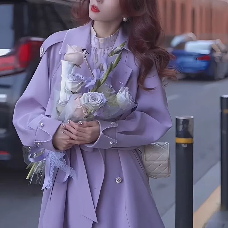 Purple trench for women in spring and autumn 2024 new Korean version fashionable casual loose mid length double breasted_voghion.com