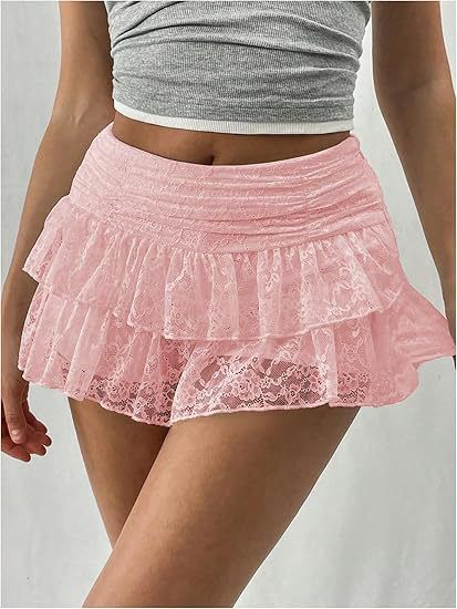 Minigonna a strati per donna - Gonna alla moda sexy con bordi in pizzo, gonna a trapezio per feste, stile streetwear e principessa_voghion.com