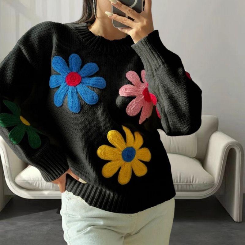 Damenbekleidung Farbiger Pullover mit kleiner Blume Damen Pullover mit schwerer Stickerei Strickpullover Damen_voghion.com