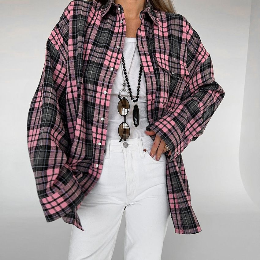 2025 Loose Pink Plaid Shirt Fashion Casual Oversized Sun Protection Cardigan Women's Clothing_voghion.com