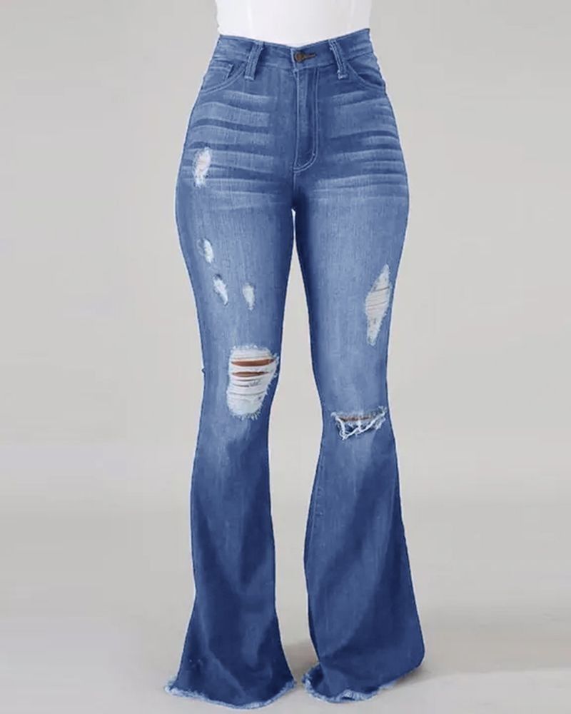 Dameklær Internett Kjendiser Høy elastiske revne jeans med høy midje og utsvingte bukser_voghion.com