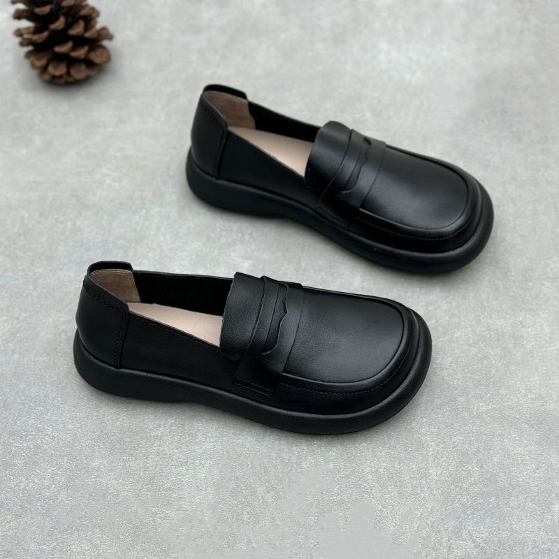 Handgefertigte Loafer aus echtem Leder für Damen 25 Frühling Sommer Literarische runde Zehenpartie Flache Slip-On-Damenschuhe aus Rindsleder_voghion.com
