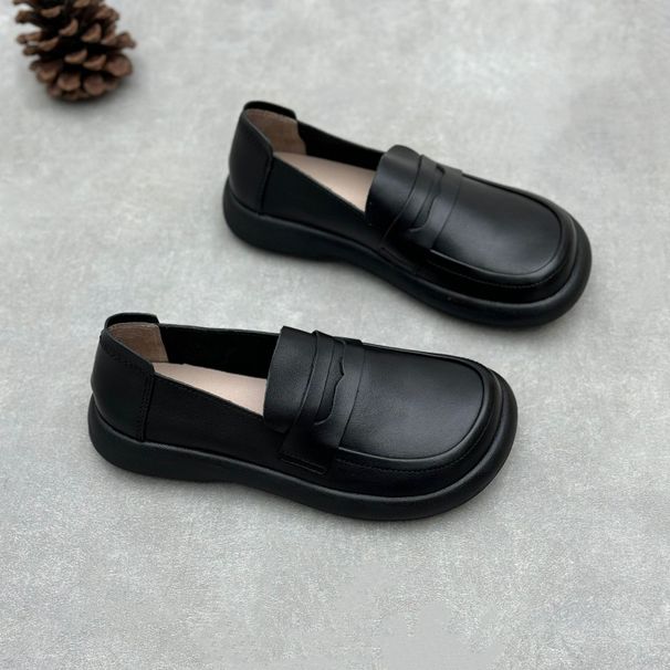 Handgefertigte Loafer aus echtem Leder für Damen 25 Frühling Sommer Literarische runde Zehenpartie Flache Slip-On-Damenschuhe aus Rindsleder_voghion.com