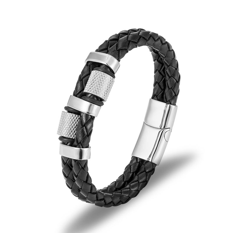 Bracciale da uomo in pelle intrecciata con cordino e croce in acciaio inossidabile multistrato_voghion.com