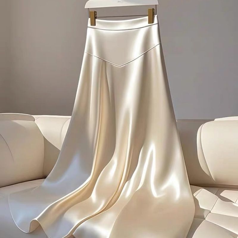 Gonna midi in raso bianco di alta qualità, squisita ed elegante, stile francese Hepburn, per donna, a trapezio, europea_voghion.com