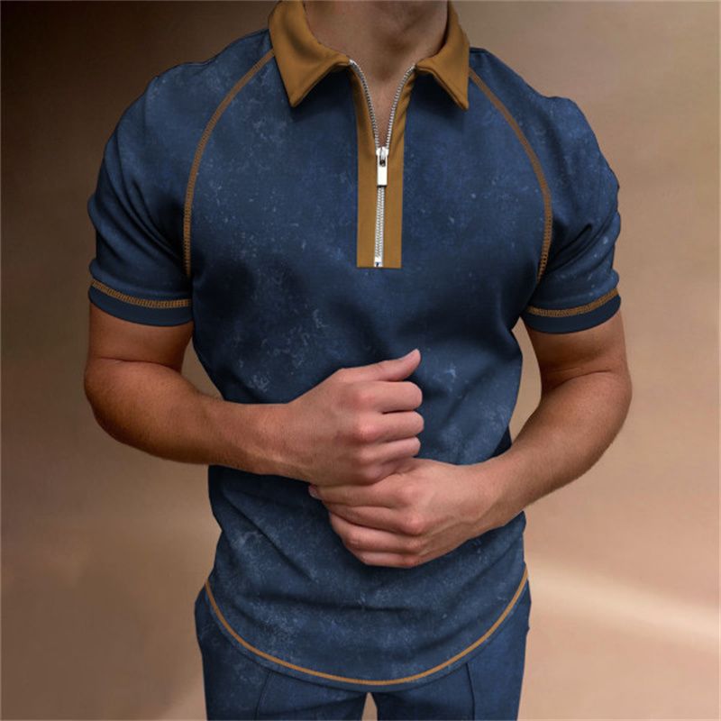 Western fashion trend brand pattern 3D printed Polo zipper short-sleeved men's shirt_voghion.com