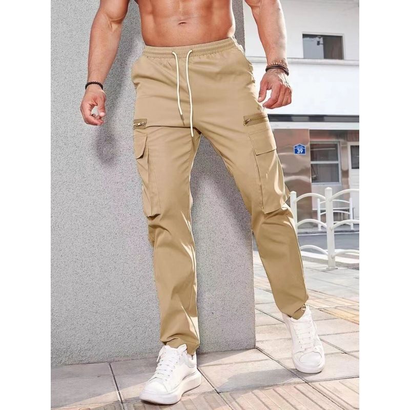 Men's casual sports zipper decorative cargo pants waist drawstring men's plus-size woven cargo pants_voghion.com