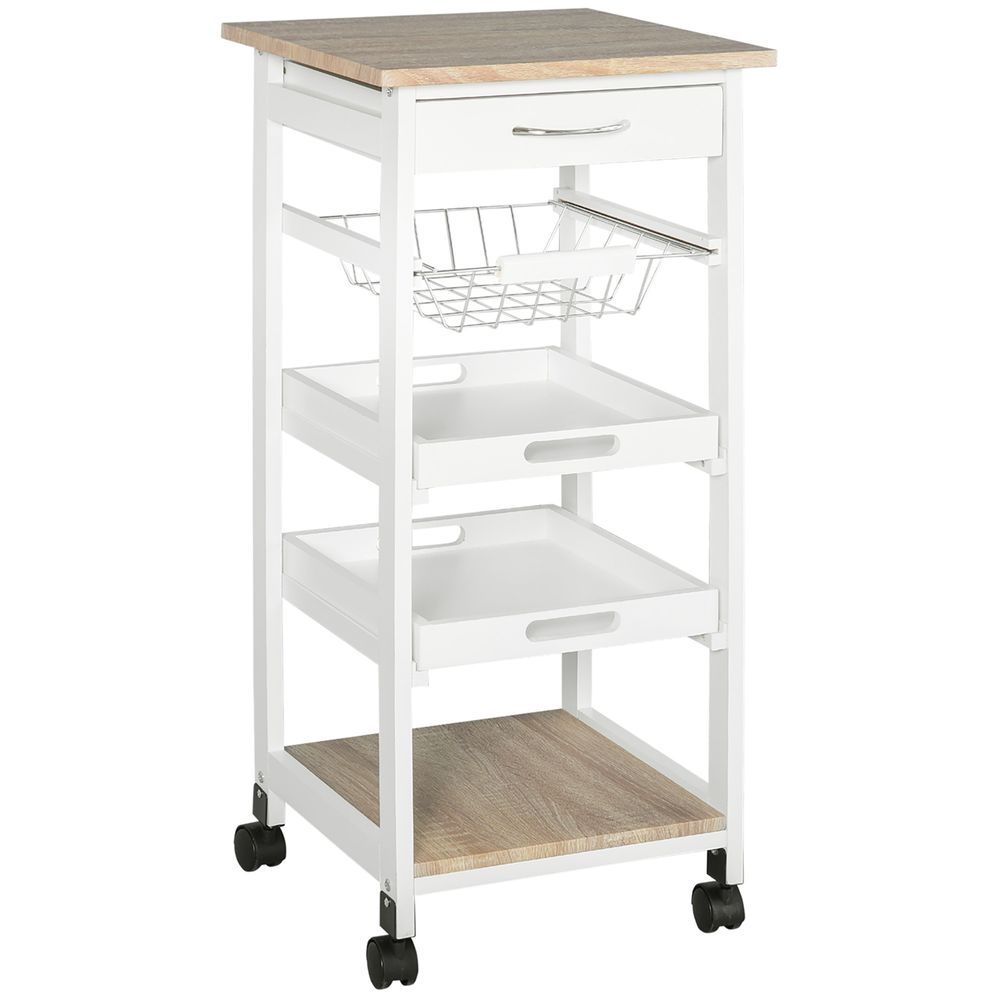 HOMCOM Rolling Kitchen Cart Kitchen Trolley, Mobile Prep Station With Drawer, Shelves, Basket, White_voghion.com