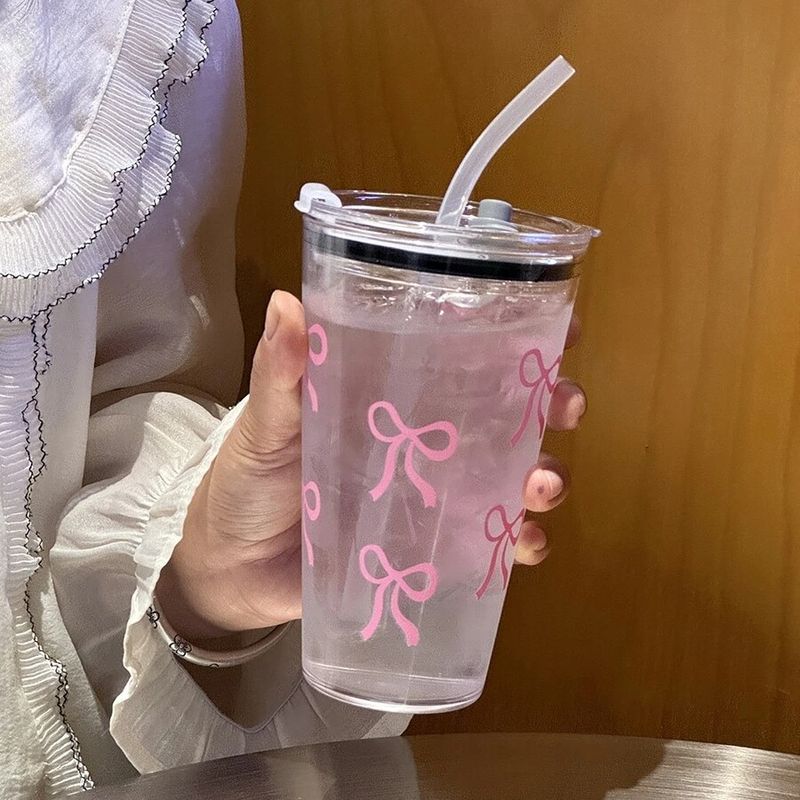1/2pc 500ml Rosa Bogen Kunststoff Tasse Transparent Milch Kaffee Becher Mit Stroh Reise Outdoor Ins Wasser Trinken tasse Küche Wa_voghion.com