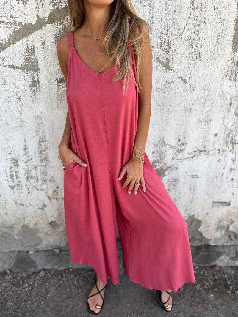 Women's Clothing Solid Color Summer New Cotton And Linen Pocket Loose Casual Sling Jumpsuit_voghion.com