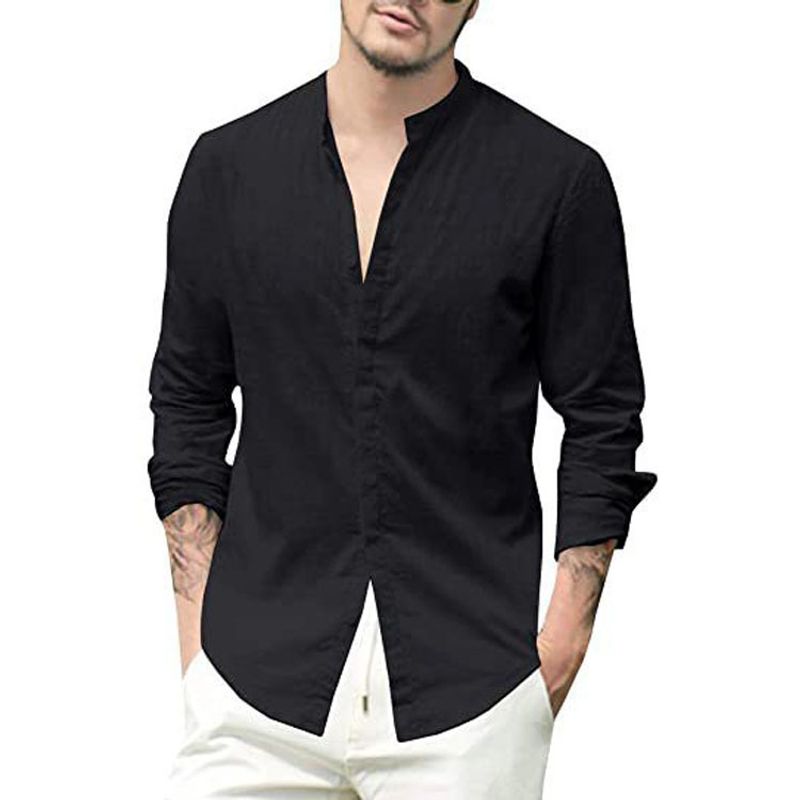Men's Clothing Men's New Linen Cardigan Solid Color Casual Stand Collar Long-Sleeved Shirt_voghion.com