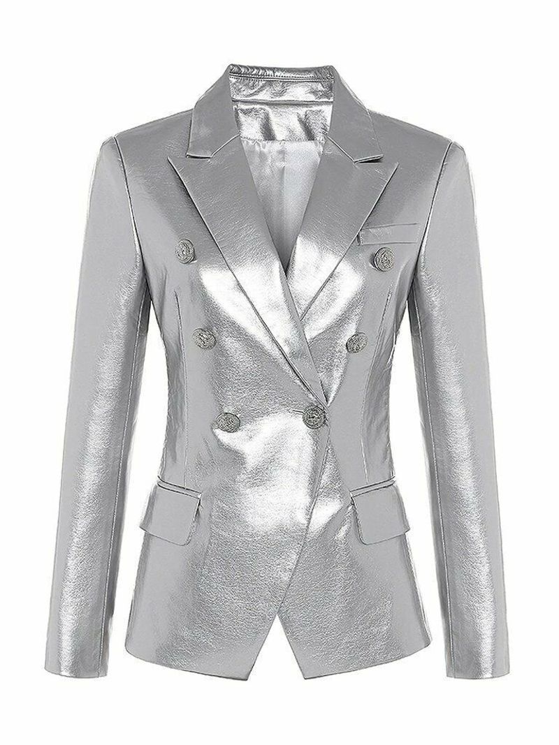 Chaqueta de cuero sin cinturón de corte entallado con cuello de traje de viajero diario de manga larga negra para mujer_voghion.com