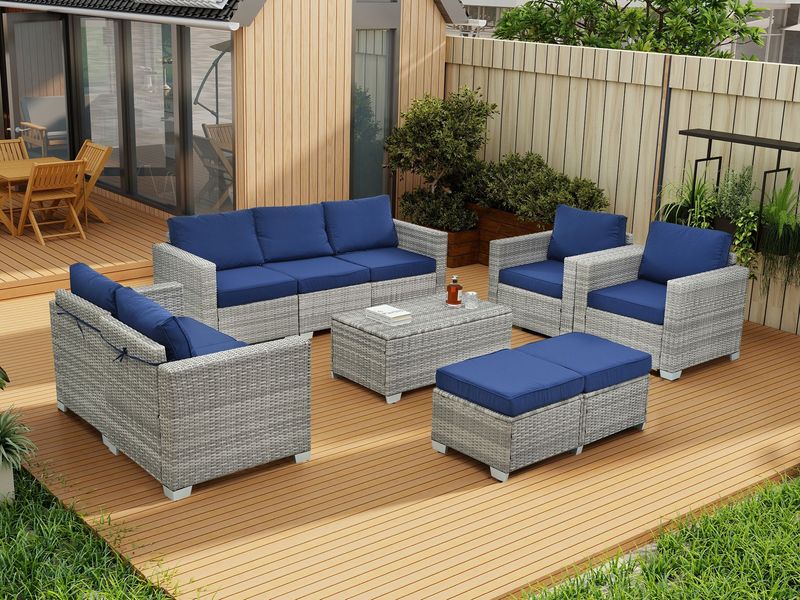10 Piece PE Rattan Patio Furniture Set, Sectional Sofa Set, Outdoor Patio Furniture Set With Cushions & Tempered Glass Coffee Table_voghion.com