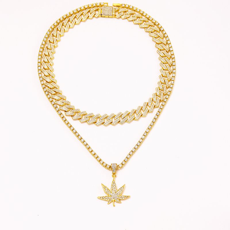 Ins hip hop maple leaf pendant all match personality diamond necklace set trendy cool niche hip hop style_voghion.com