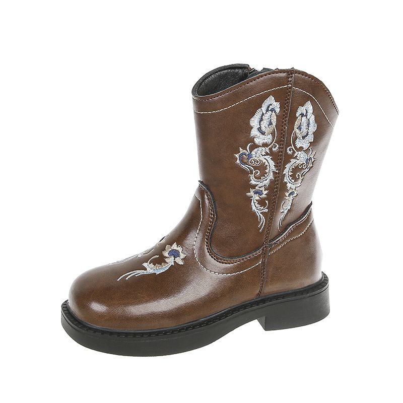 Kinderschuhe Retro bestickte Cowboystiefel für Kinder, neue Mode mit quadratischem Kopf, braune kurze Stiefel, dicke Ferse, Mittelrohrnetz, Promi-Ritterstiefel_voghion.com