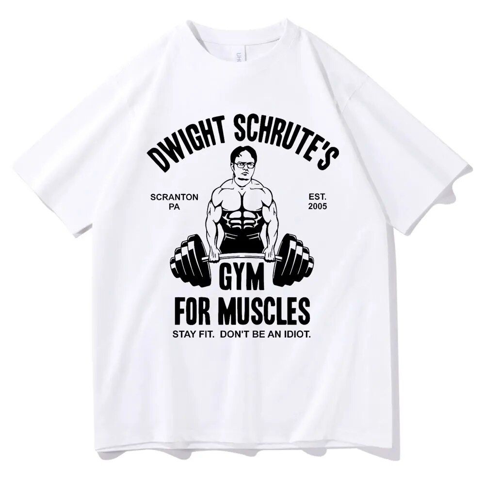 Dwight Schrute‘s Gym for Muscles Stay Fit Don't Be An Idiot Tshirt Man Oversized Pure Cotton T-shirts Men Women Casual_voghion.com