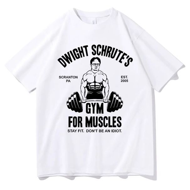 Dwight Schrute‘s Gym for Muscles Stay Fit Don't Be An Idiot Tshirt Man Oversized Pure Cotton T-shirts Men Women Casual_voghion.com