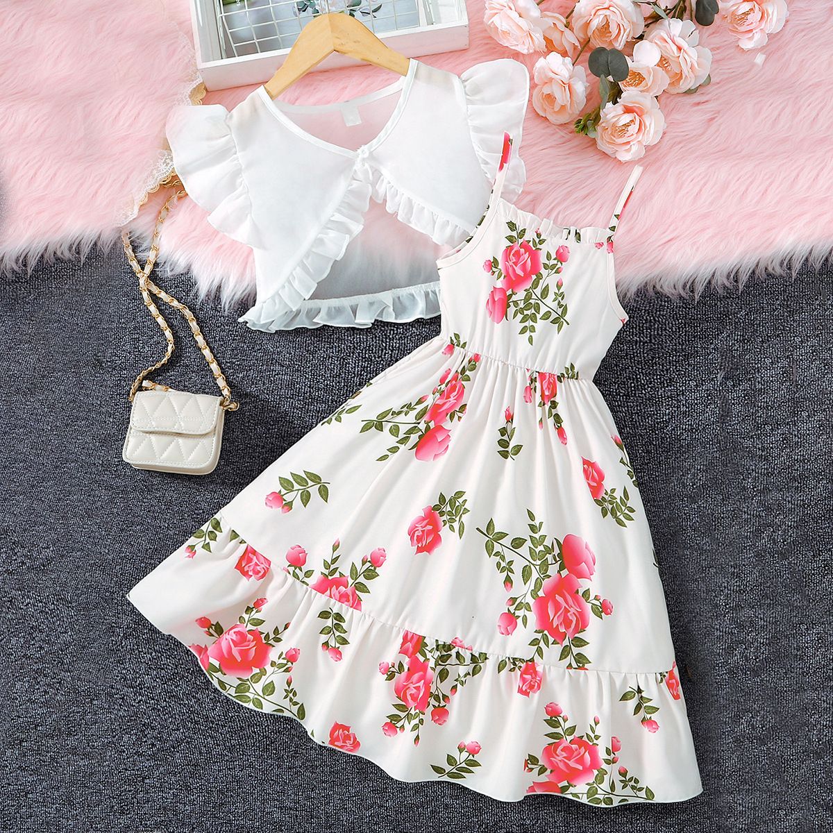 Young Girls Clothing Flower Print Suspender Dress Sleeveless Lace Thin Top Two Piece Suit_voghion.com