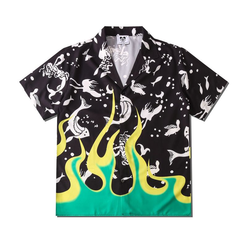 Vêtements pour hommes, chemise hawaïenne décontractée à fleurs, imprimé poisson de feu, cardigan de plage à manches courtes pour hommes_voghion.com
