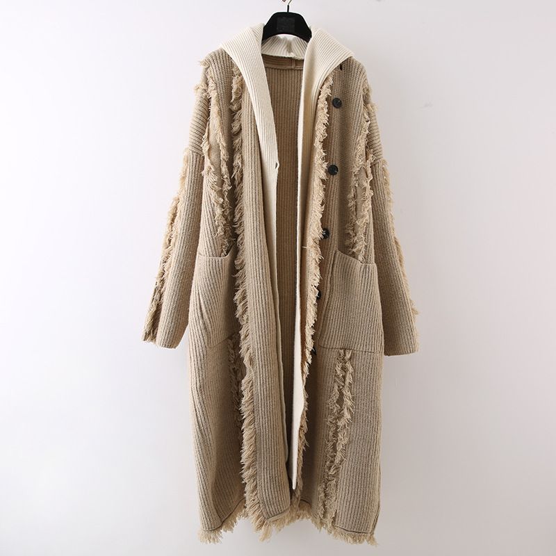 Women's Clothing Design Hooded Tassel Knitted Cardigan Two Piece Women's Autumn And Winter Mid Length Loose Over The Knee Sweater Coat_voghion.com