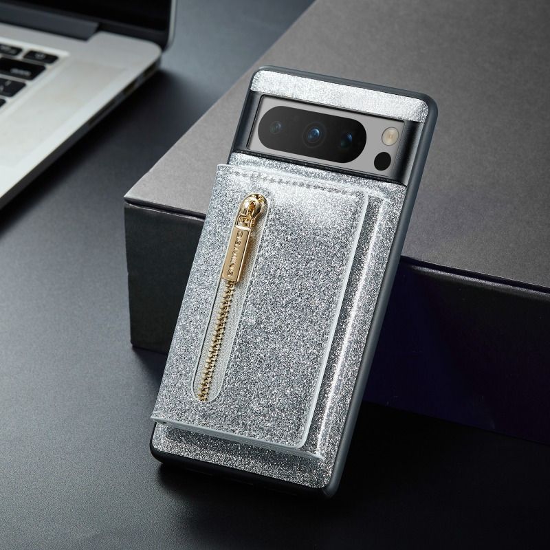 Glitzend Magnéitescht Kaartehalter Telefonshülle fir Google Pixel 6/ 7/ 8 Pro/ A, aus PU-Lieder, ofnehmbaren 2-an-1 Stil, Gesiicht_voghion.com