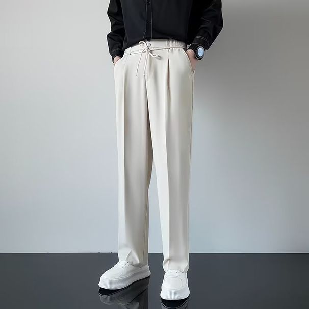 Calças elásticas de botão duplo para roupas masculinas, casuais e versáteis, calças casuais com sensação de linha para homens, calças de terno soltas bonitas e modernas_voghion.com